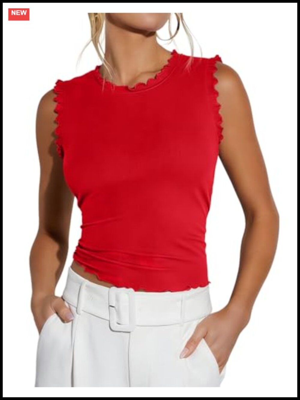 Women's Sleeveless Ribbed Knit Tank Top Ruffle Crew Neck Slim Fit Summer Tee